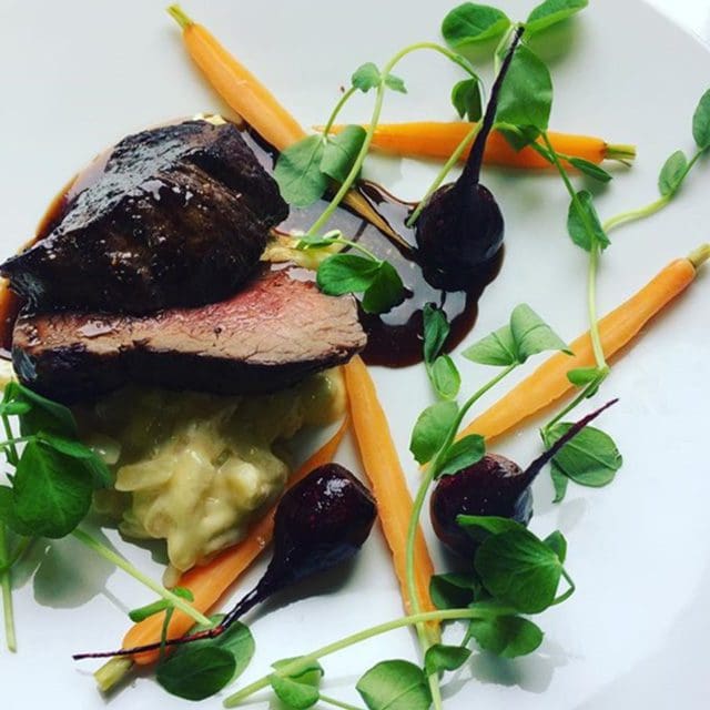 A perfectly pink piece of beef, with crushed pink fir potatoes, sticky sweet roasted baby beetroot, heritage carrots and pea shoots. Follow for a selection of our menus.